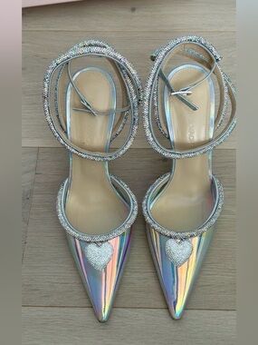 MACH & MACH Iridescent Crystal-Heart Pointed Ankle-Strap Heels
